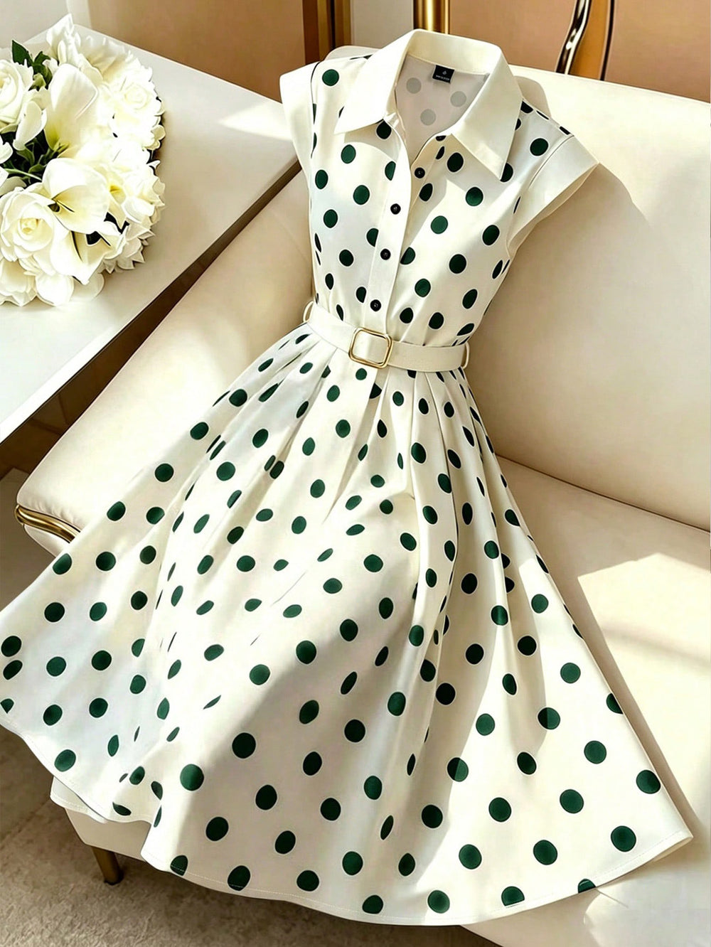 european and american cross-border polka dot lapel sleeveless dress waist large hem with belt elegant mid-length skirt foreign trade