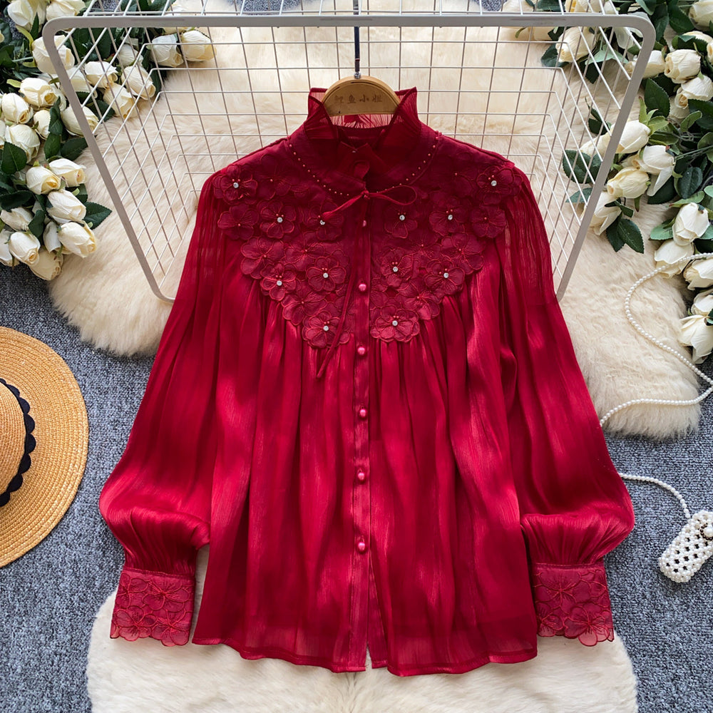 French chic pink bow ruffle hem blouse - women's long sleeve, age-defying, stylish, and high-end top - autumn  collection