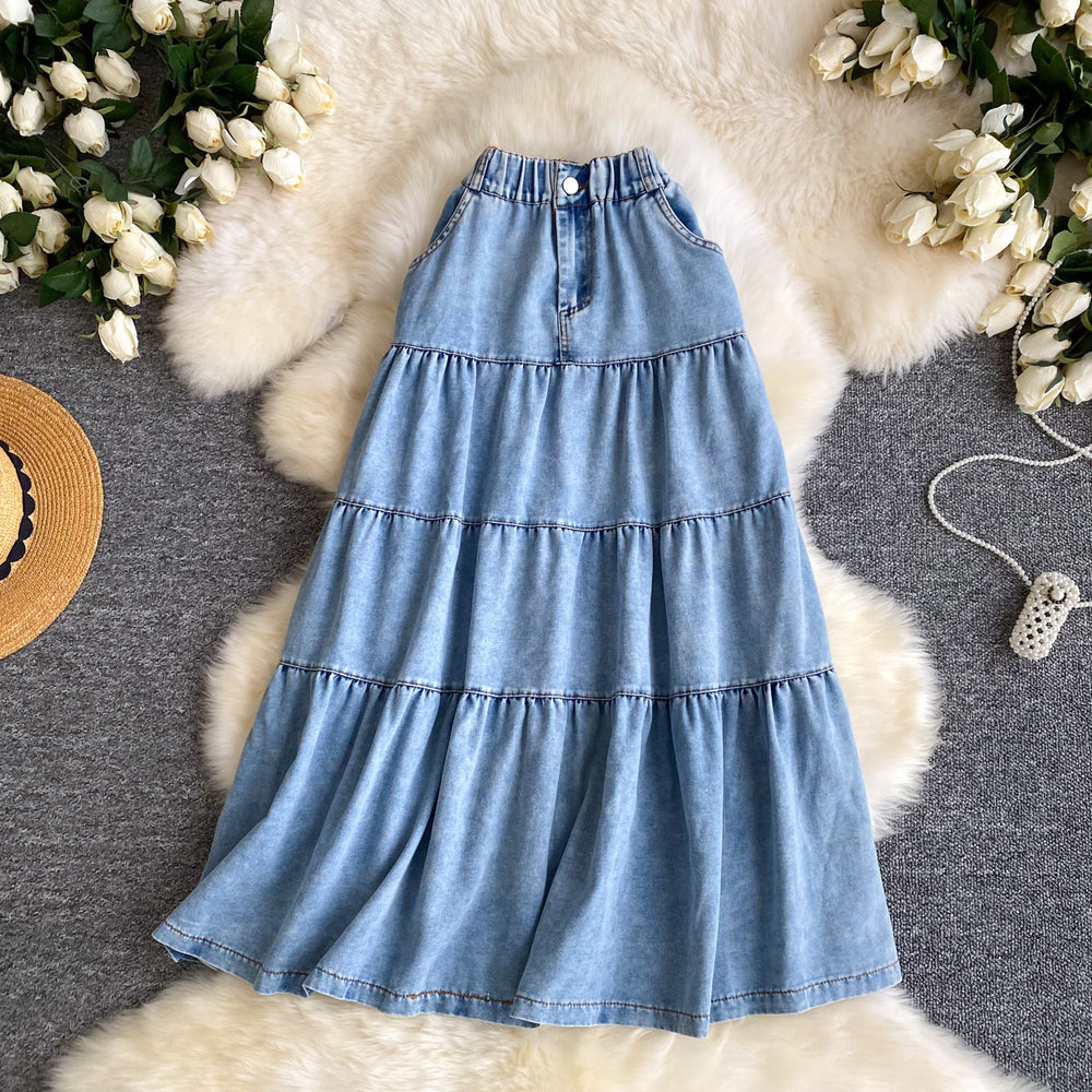 K-style denim a-line fashioneasiest for match skirt women's summerhigh waistslimming look elastic waist cake skirt long skirt work clothing