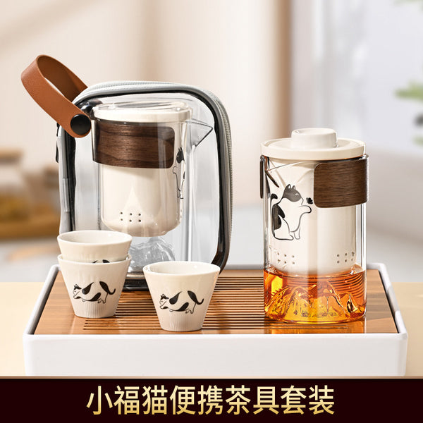 Japanese travel kung fu tea set small set household simple teapot ceramic teacup outdoor tea tray portable bag