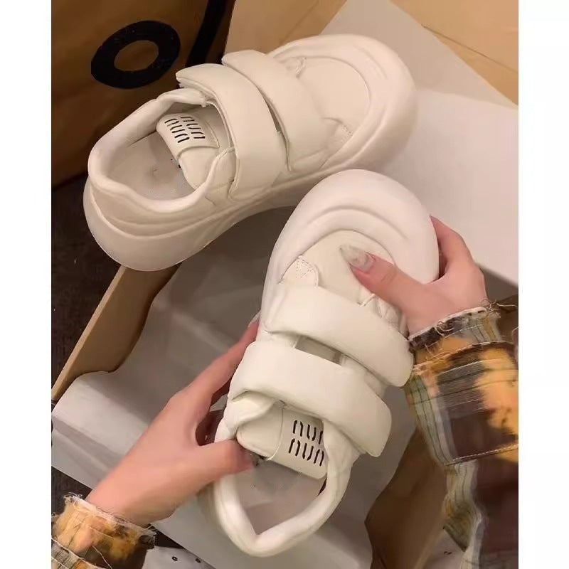 White sneakers for women, spring and summer, height-increasing thick solewhite shoes, velcro ugly sneakers, platform shoes, round-toe bread shoes