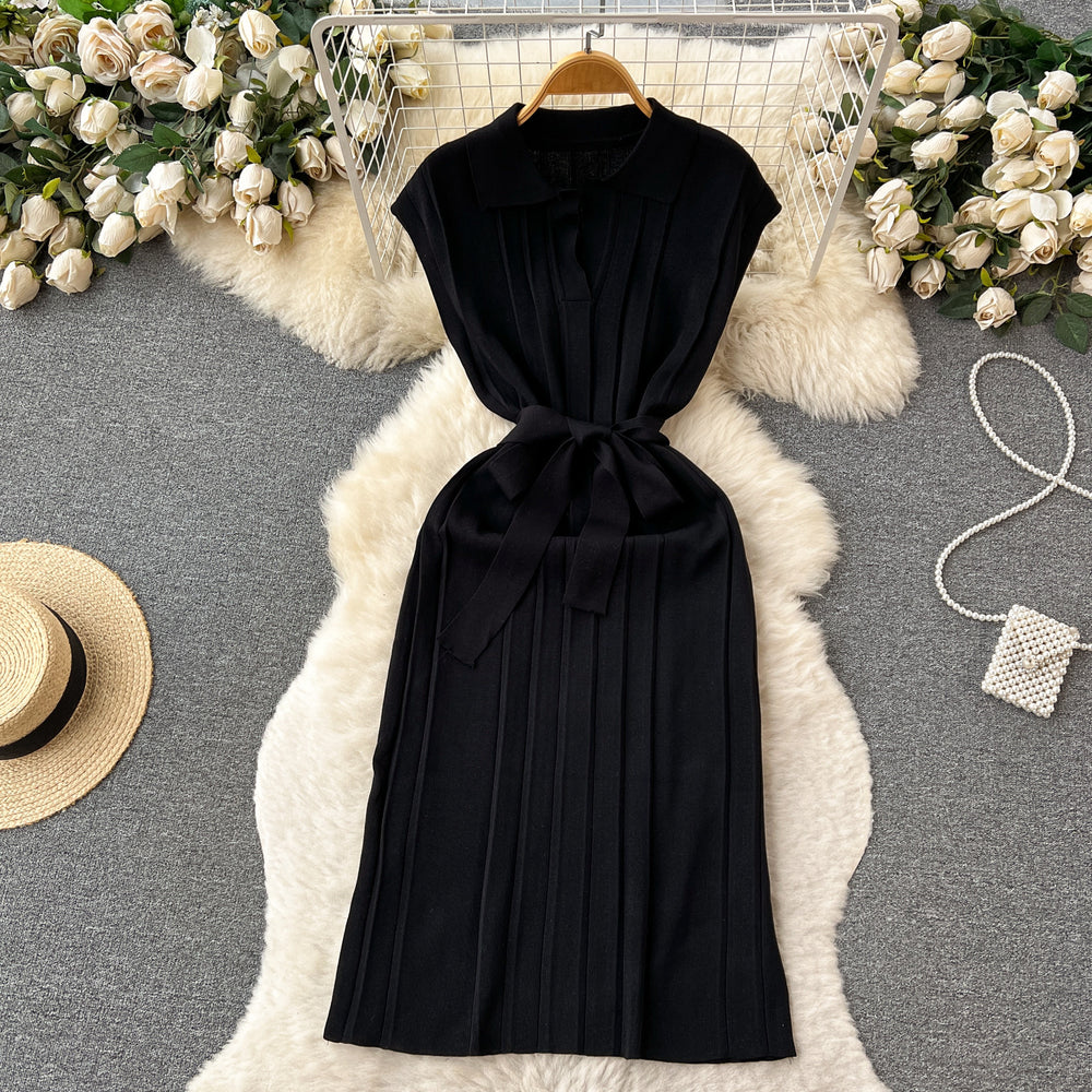 Summer dress women's tie back waist slimming lookelegantretropolo collar knitting skirt medium long sleeveless vest dress