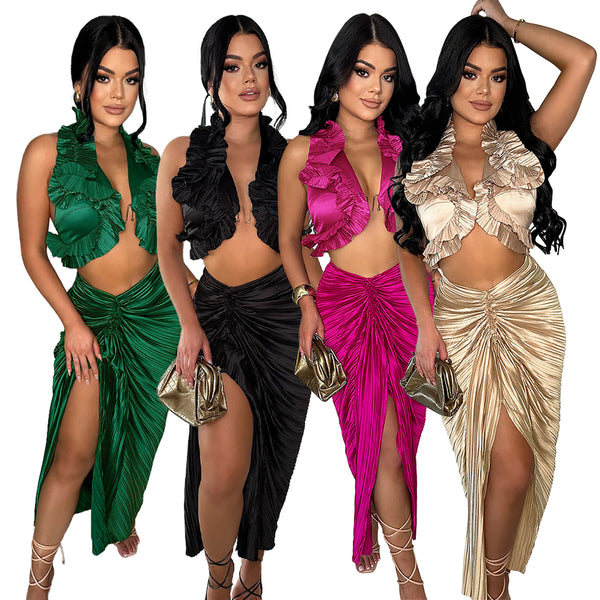 K10734  European and American fashion women's clothing sleeveless split ruffle edge pleated skirt set popular color