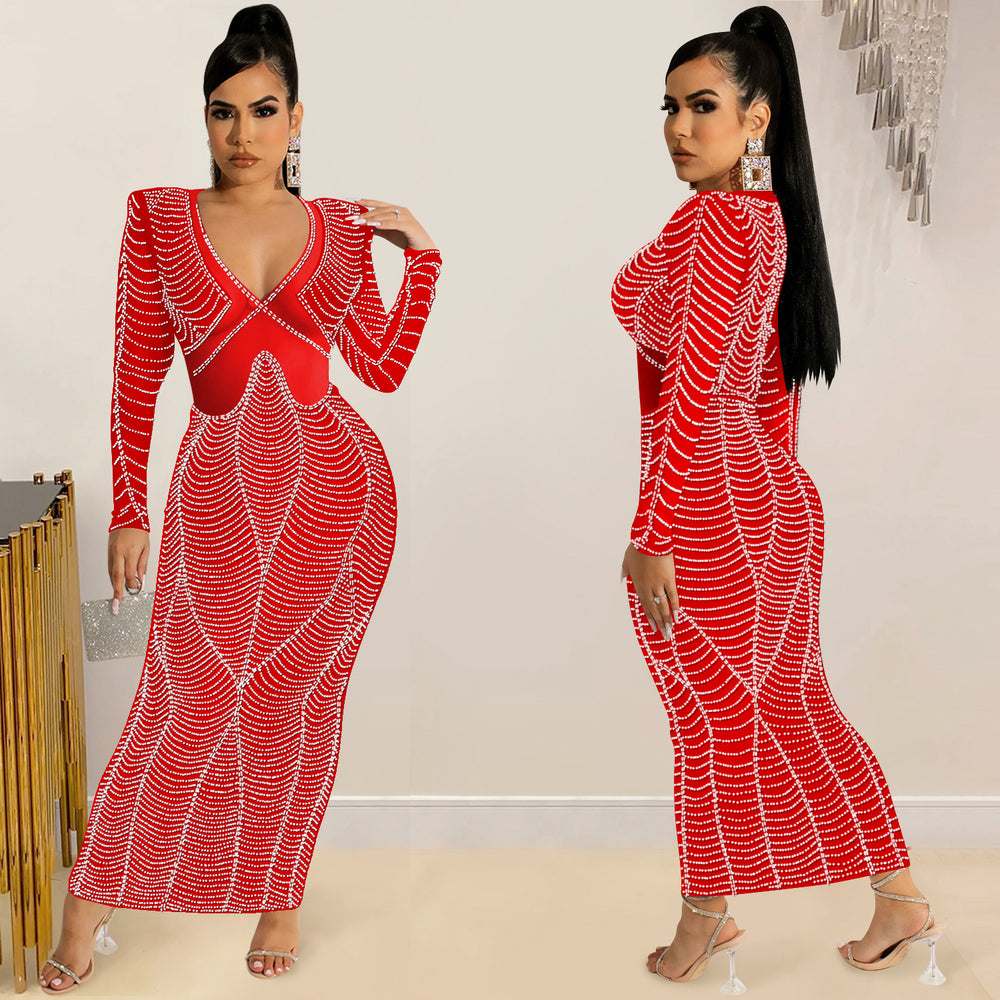 C5912   fashion sexy nightclub hot diamond mesh see-through v neck long sleeves long skirt dress women