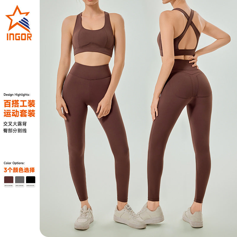 New arrival cross-border pure colorworkwear style grids sports suit women's tight slimming look with chest pad beautiful back yoga suit women's suit