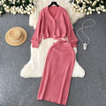 French chic knit set: effortless luxury for women - autumn/winter loose fit long sleeve top + high-waisted midi skirt