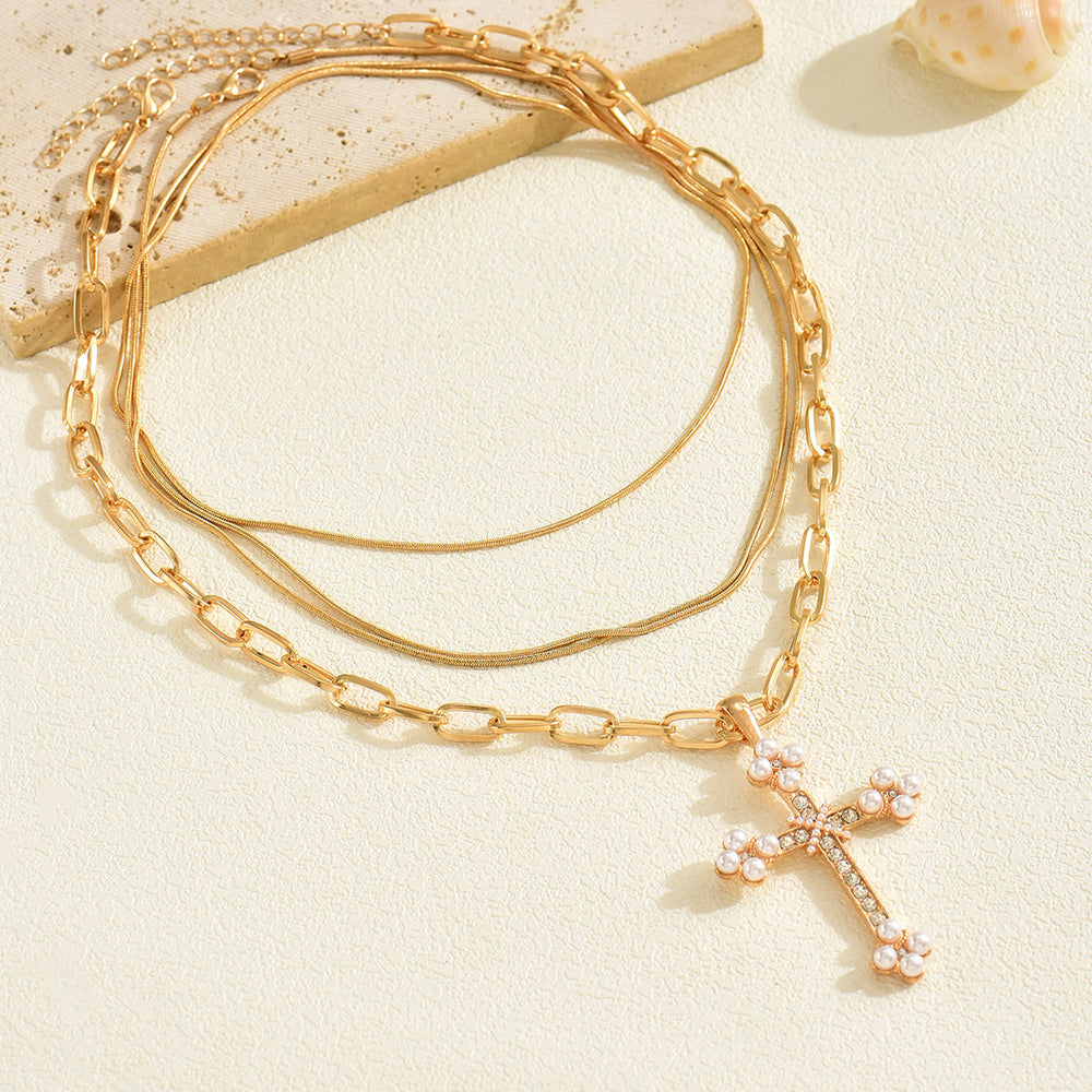 Sweater necklace for women wholesale european and american cross-border autumn and winter jewelry personalized punk diamond multi-layered cross pendant