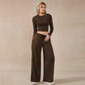 European and american lazy style two-piece set: brown long-sleeve cropped top and wide-leg casual pants - fashionable and comfortable women's outfit