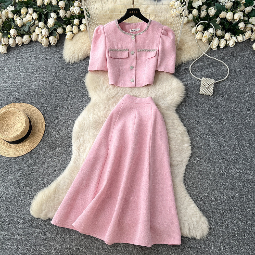 Gentle socialite style diamond-encrusted small fragrance two-piece set female autumelegant puff sleeve topshigh waistslimming look skirt suit