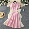 Gentle socialite style diamond-encrusted small fragrance two-piece set female autumelegant puff sleeve topshigh waistslimming look skirt suit