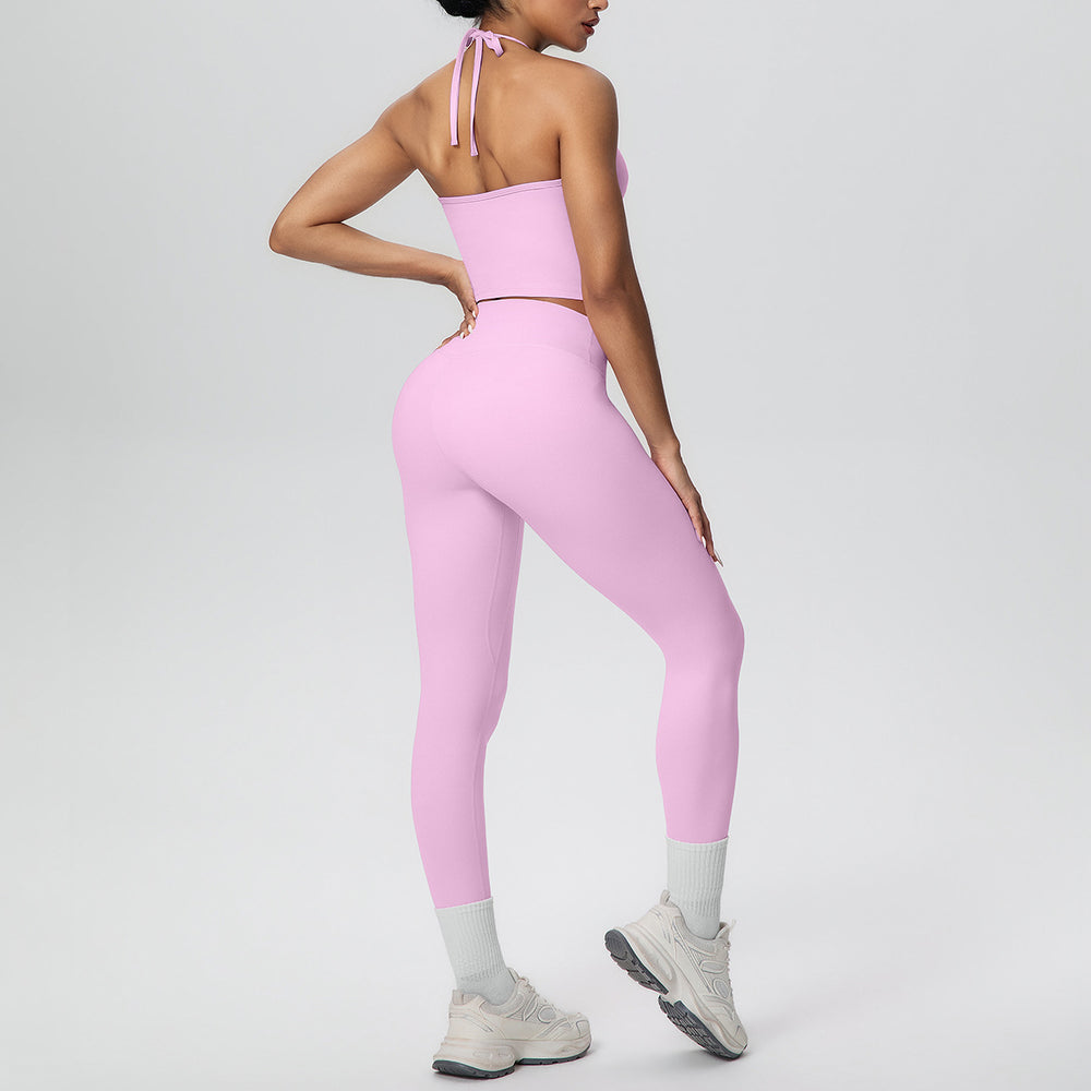 New arrival cross-border brushed beautiful back tight strap halter high waist yoga suit sports running fitness two-piece set