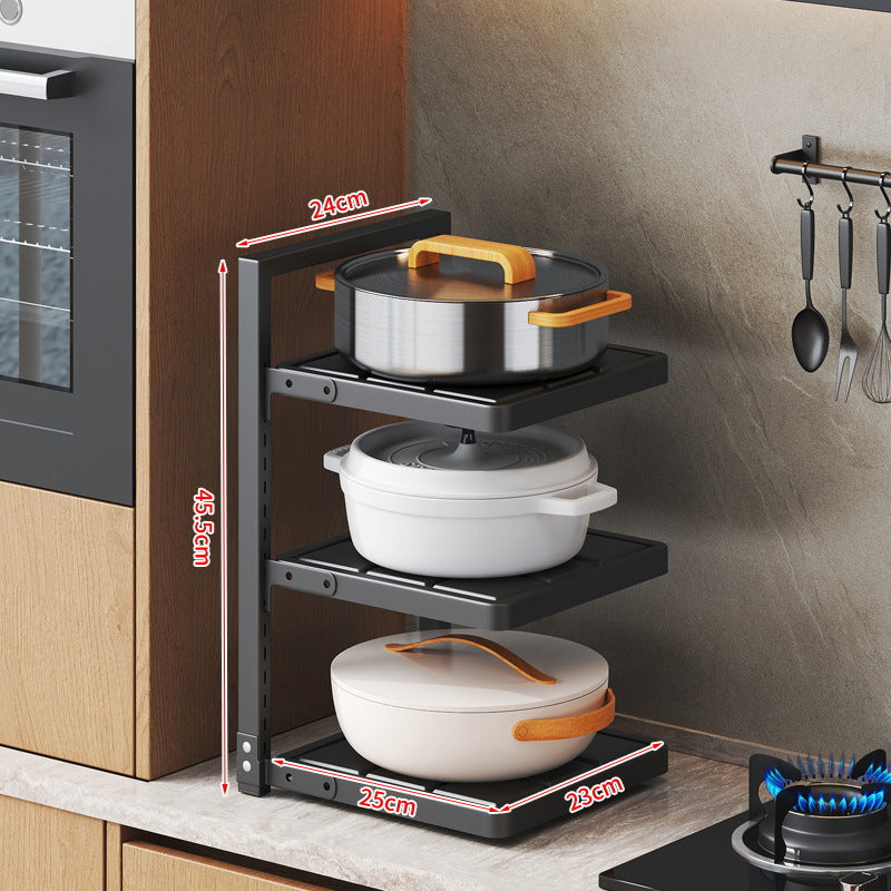 Floor-standing kitchen pot storage rack with adjustable layer spacing and corner sink storage for home use