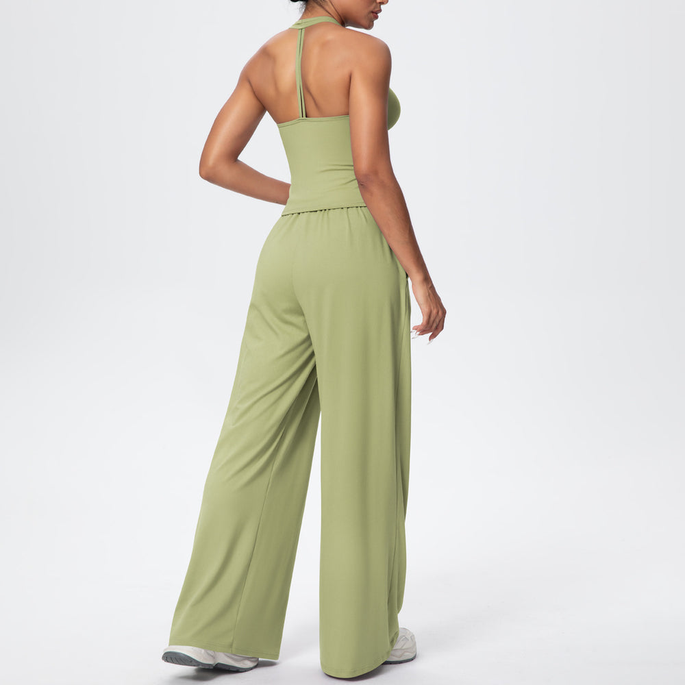 i-shaped v neck beautiful back tight breathable pure color wide-leg yoga suit sports running fitness suit for women