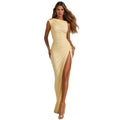 Fashion style cross-border pure color women's round neck elegant socialite street hip skirt waist slit long evening dress