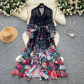 French romantic style printed slim-fit dress - women's long sleeve v-neck tie-waist maxi dress - vacation ready