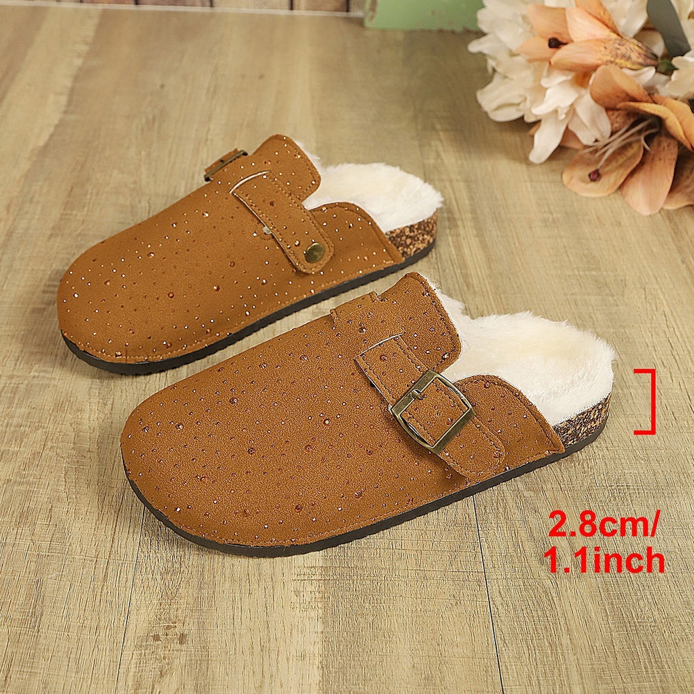 Fleece-linedthick sole baotou boken slippers autumnew arrivalheattech rhinestone cross-border plus sizeoutwear half slippers for women