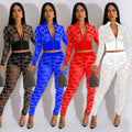 C6548 cross-border   fashion women's solid color mesh rhinestone long sleeve top and pants two-piece set