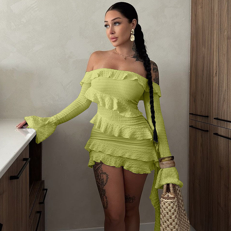 autumn new arrivals: european and american style fashionable long-sleeve flared sleeve off-the-shoulder ruffle trim ribbon tie cropped dress