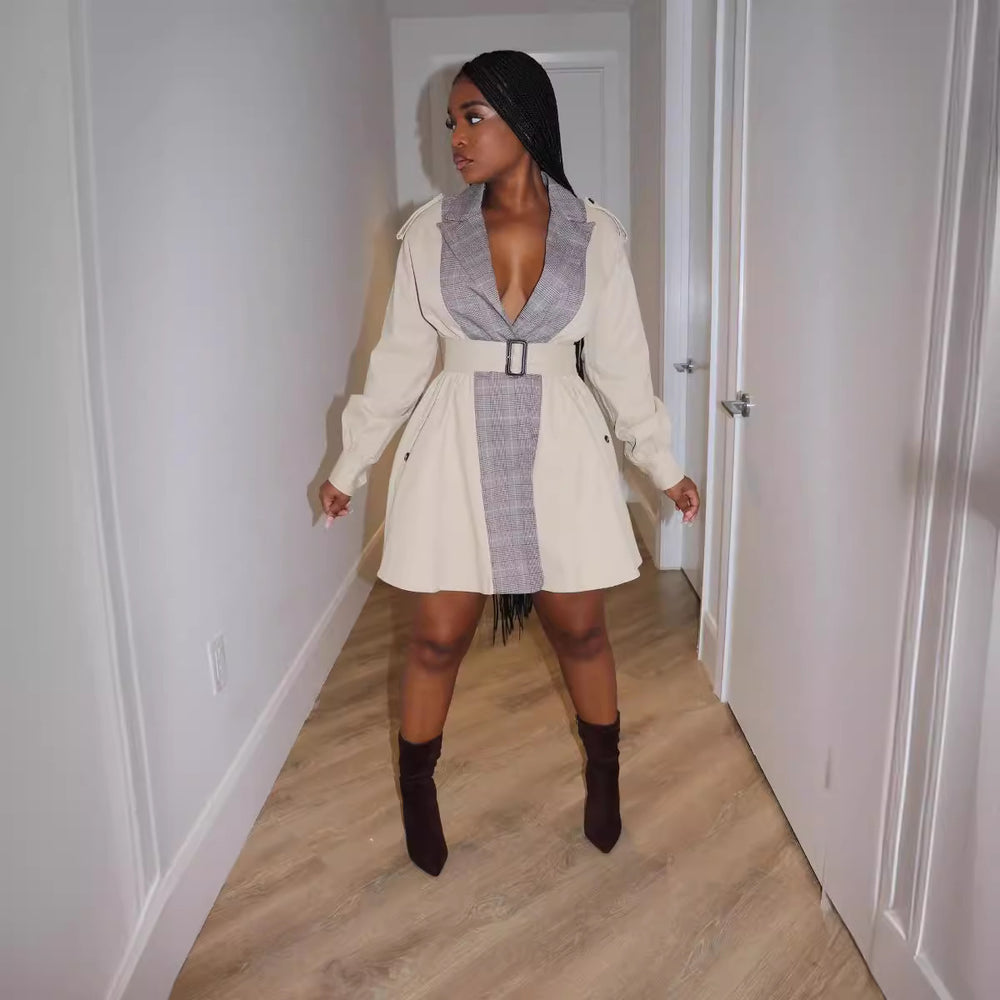 cross-border  fashion color block patchwork new arrival elegant commute cinched waist suit collar mid-length trench coat