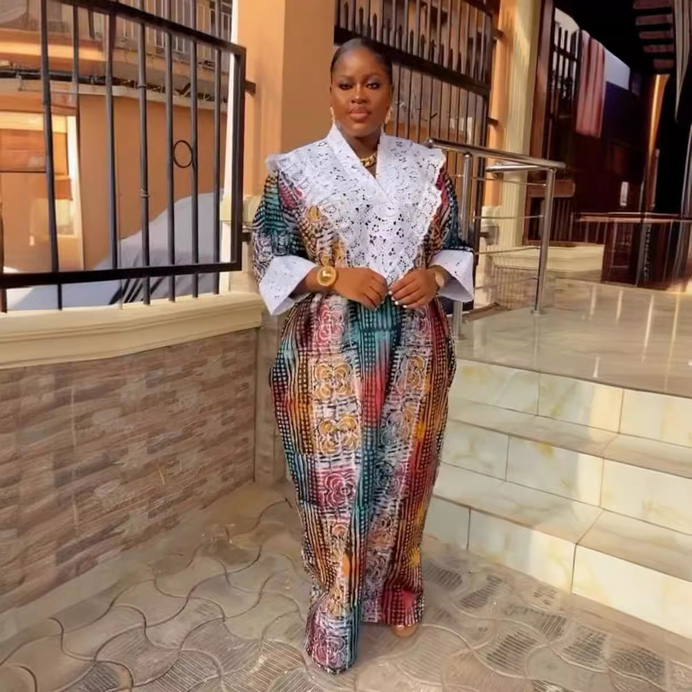 Women's crystal satin printed patchwork lace trim robe african plus size dress -