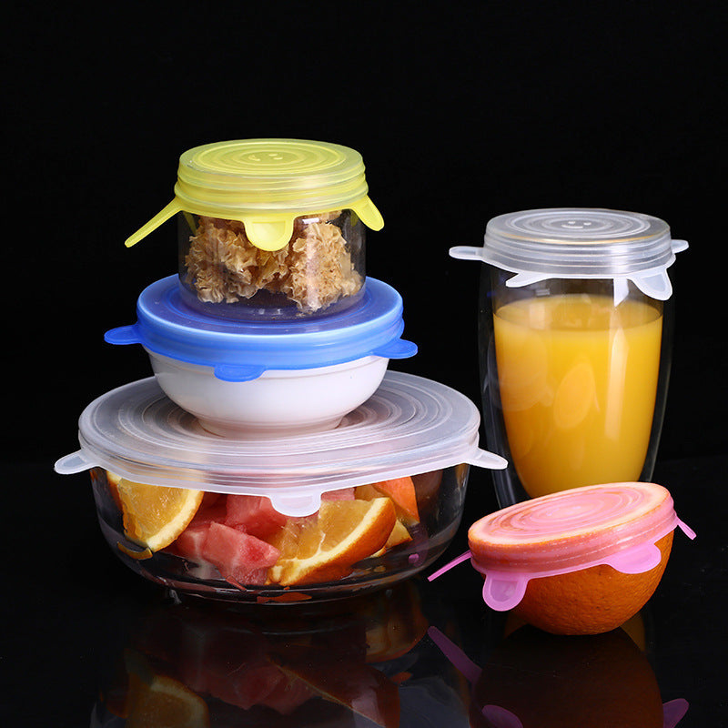 6-piece set of silicone fresh-keeping lids, smiley face style, food-grade plastic wrap, high temperature resistant, elastic stretch, sealed transparent bowl lids