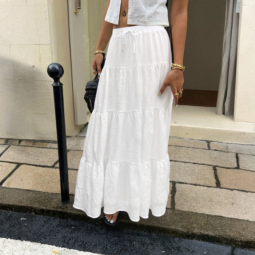 American white pleated drawstring sweet cake skirt half length skirt summernew arrivalexport women's fairy skirt
