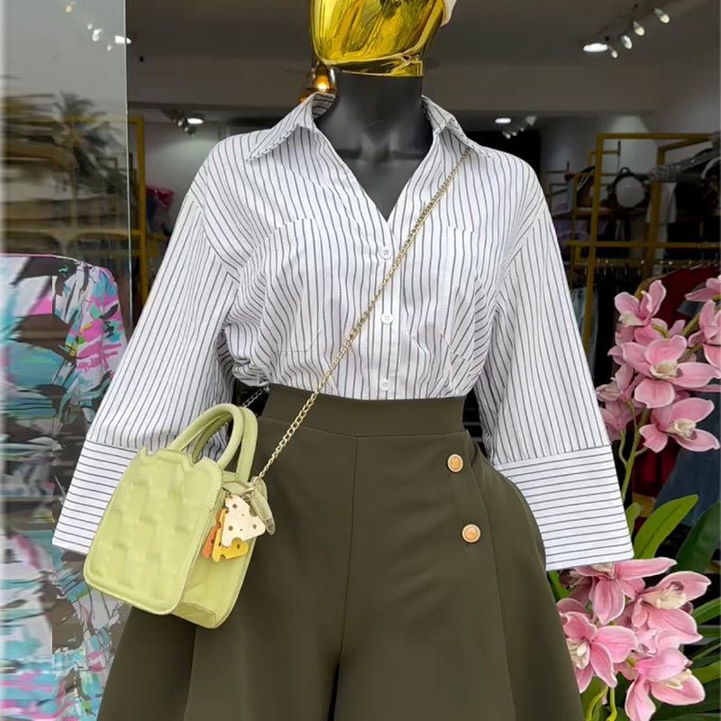 European and american style women's clothing  autumn new collection: sweet and fresh striped turn-down collar loose fit three-quarter sleeve blouse