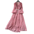 Frenchclassy heavy industry studded cut out round neck stereo flower lantern sleeves strappy waist pleated chiffon dress