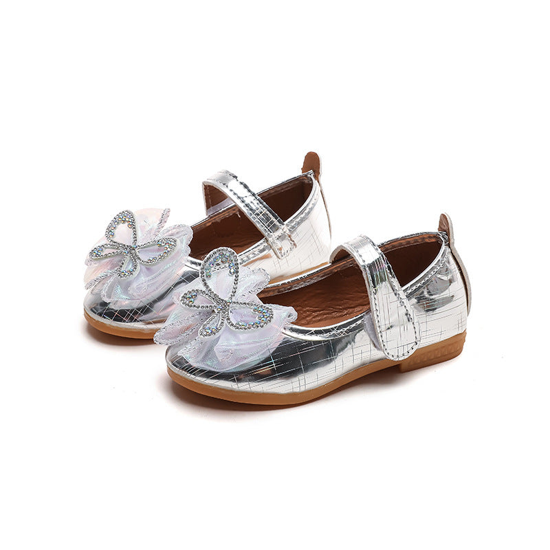 Girls'  spring new bowknot soft sole princess leather shoes for mid-to-large children - wholesale magic tape closure kids' shoes (direct from manufacturer)