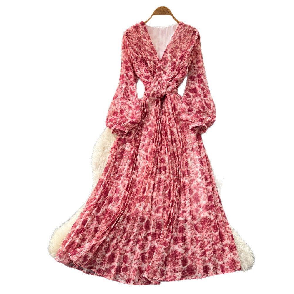 French riviera style v-neck lantern sleeve printed dress - women's summer korean style slimming a-line maxi dress