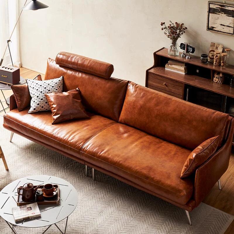 Retro oil wax genuine leather sofa first layer cowhide small apartment living room three-person slot medieval american french caramel color
