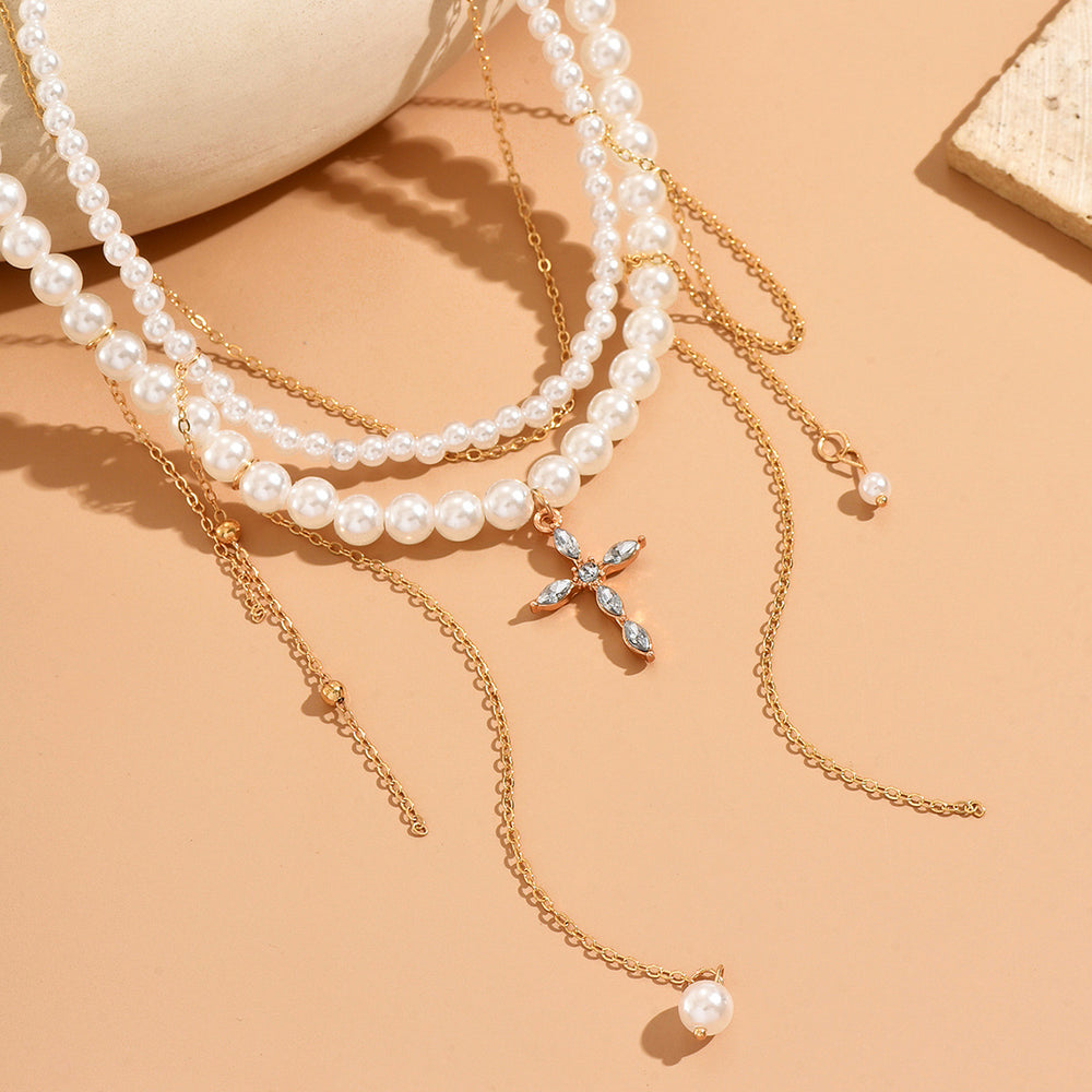 European and american retro multi-layer tassel cross necklace - trendy, edgy, sweet & cool ins style faux pearl choker clavicle chain
