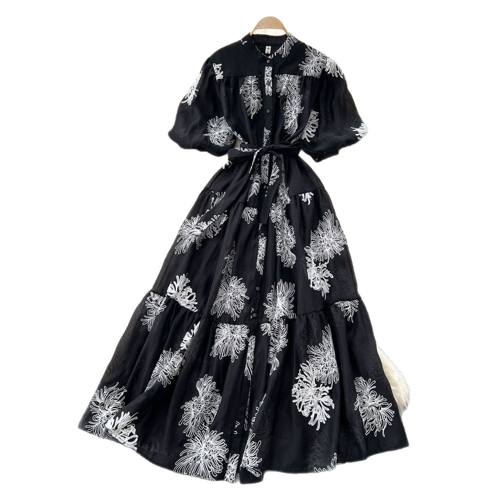 Palace style classy heavy industry embroider puff sleeve dress female summerfrench strap waist single breasted long skirt