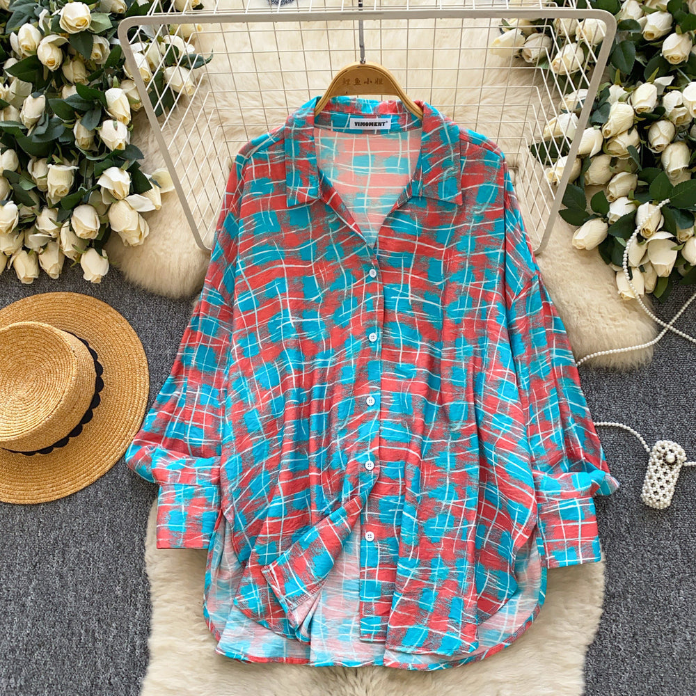K-styleloosegrids pattern comfortable breathable shirt women's long sleevesspringcardigancommuting boyfriend style lazy sun protection tops