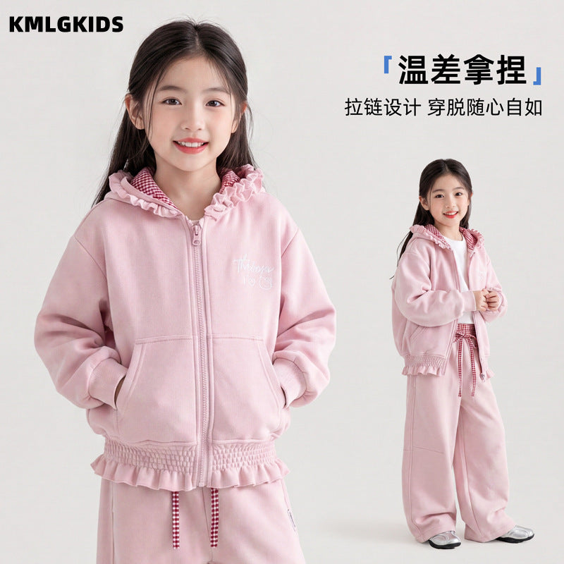 Factory wholesale kids' hooded jacket - spring/autumn girls' casual zip-up hoodie with lace trim and short cardigan top