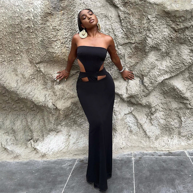 European and american style foreign trade hot-selling designer dress -  new women's bandeau cutout slit dress