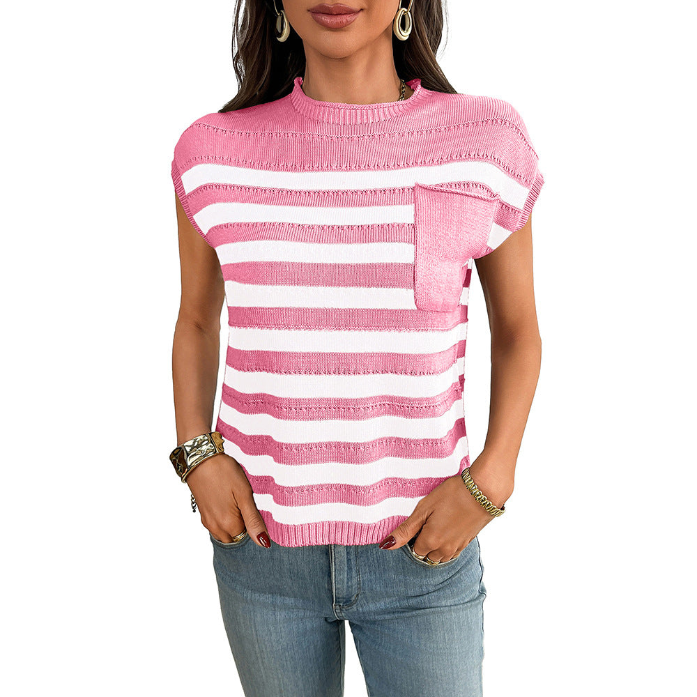 2025 summer new  European and American women's clothing  women's crew neck top thick needle casual striped sweater