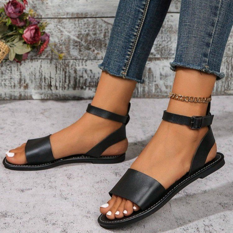 Plus size women's summer sandals - open toe, minimalist flat roman sandals with metal buckle strap - perfect for students
