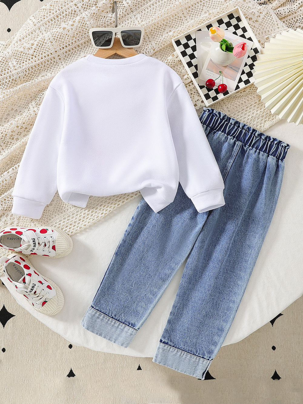 new autumn cross-border girls' cherry print top + embroidered denim washed maxi skirt two-piece set