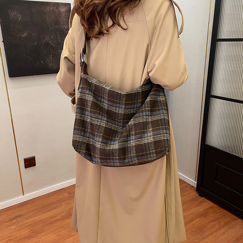 Bow lace-up shoulder bag Korean version casual large-capacity dumpling bag women's winter plaid tote bag