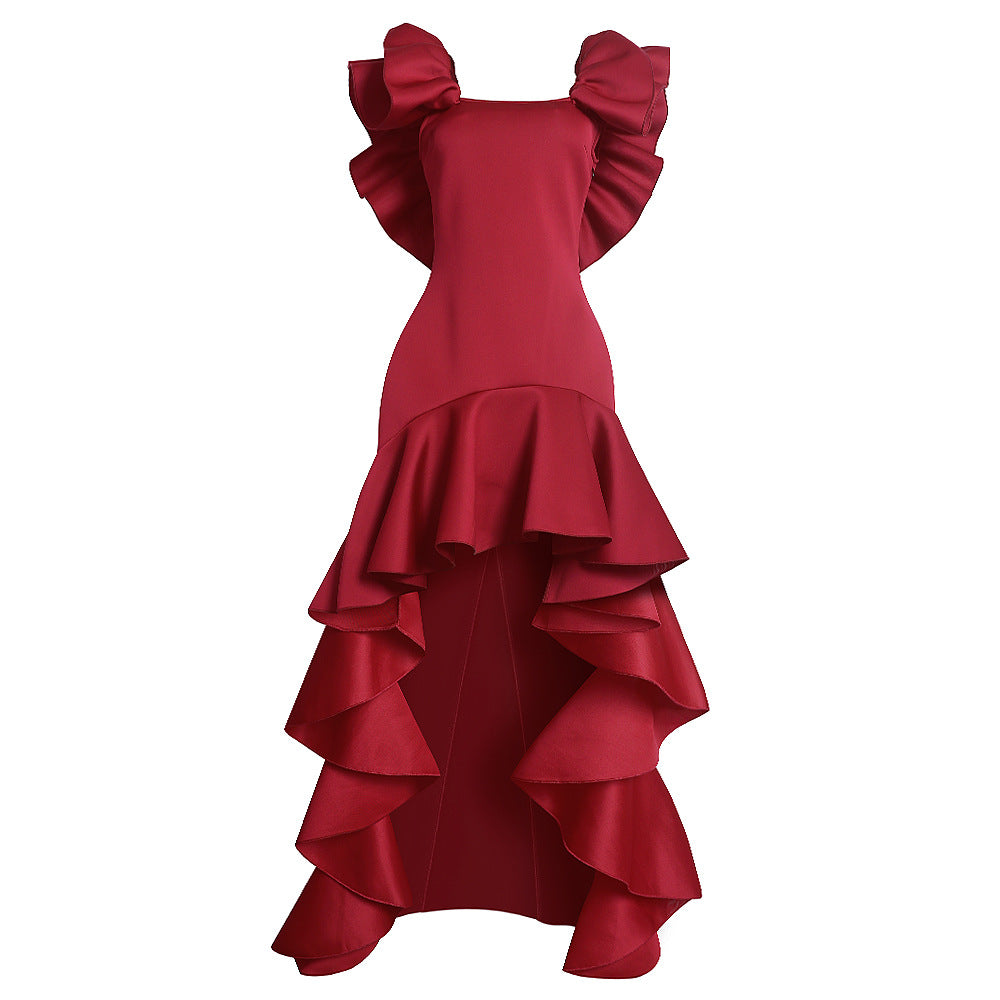 women's dress  new arrivalruffles large slit floor-length pure colordresspopular evening dress
