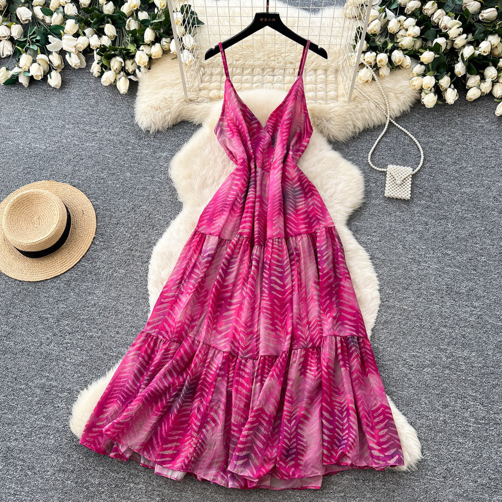 Vacation style v neckhalter suspender dress women's summerk-style sleeveless sexy waist slimming lookprinting long skirt