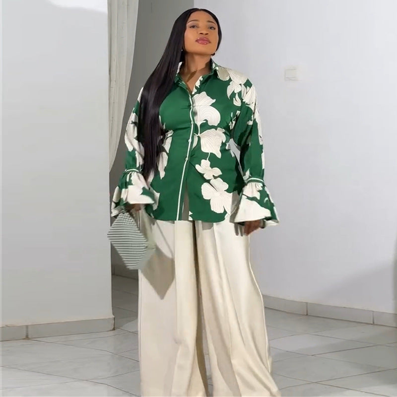 European and american style women's clothing  autumn new collection: sweet and fresh printed turn-down collar lantern sleeve blouse with high-waisted straight-leg pants two-piece set