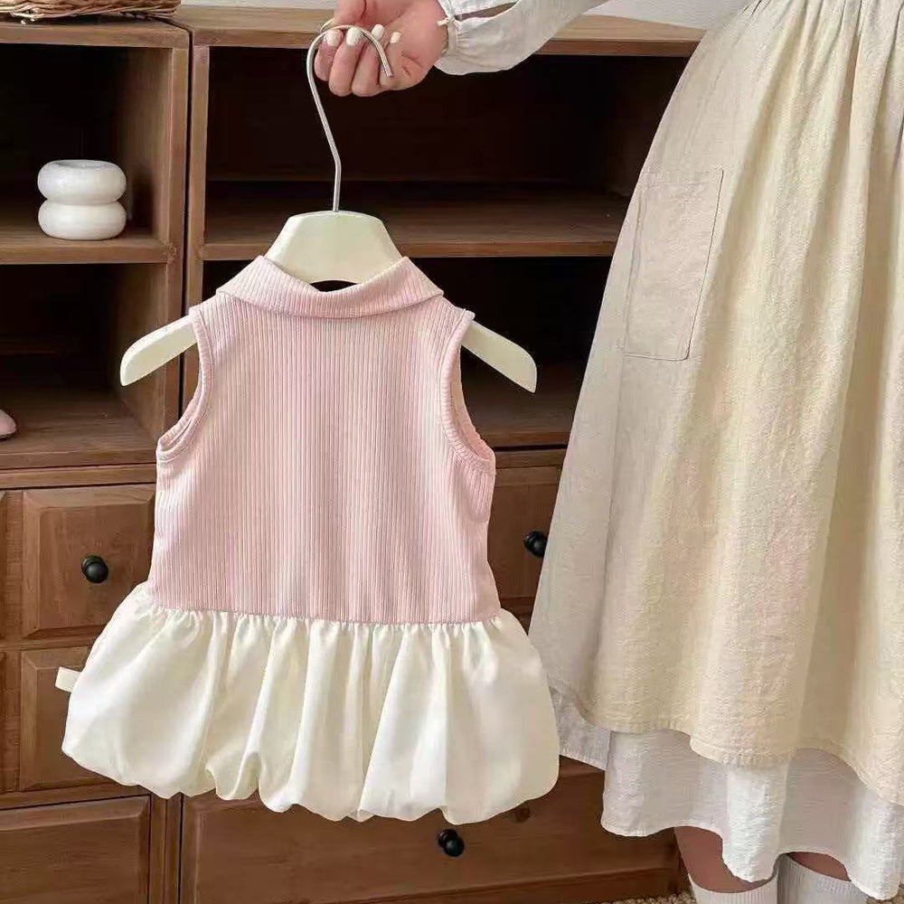 New arrival style kids girl summer dress lapel preppy style vest dress baby girl sleeveless princess dress trendy