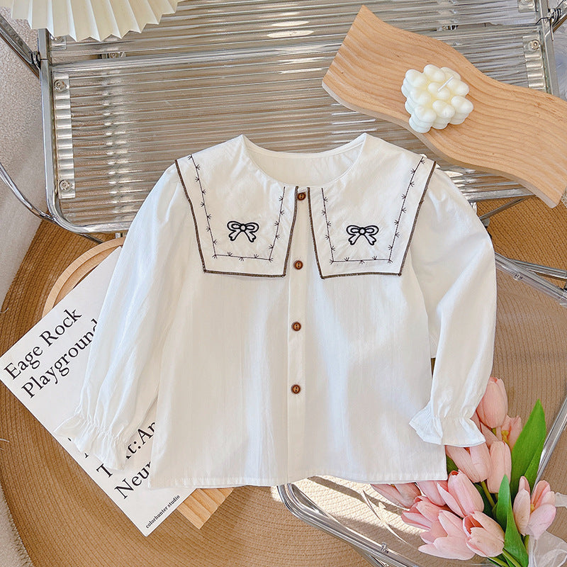 new arrival: pure cotton girls' blouse - peter pan collar, bow accent, long sleeve, stylish top for baby girls