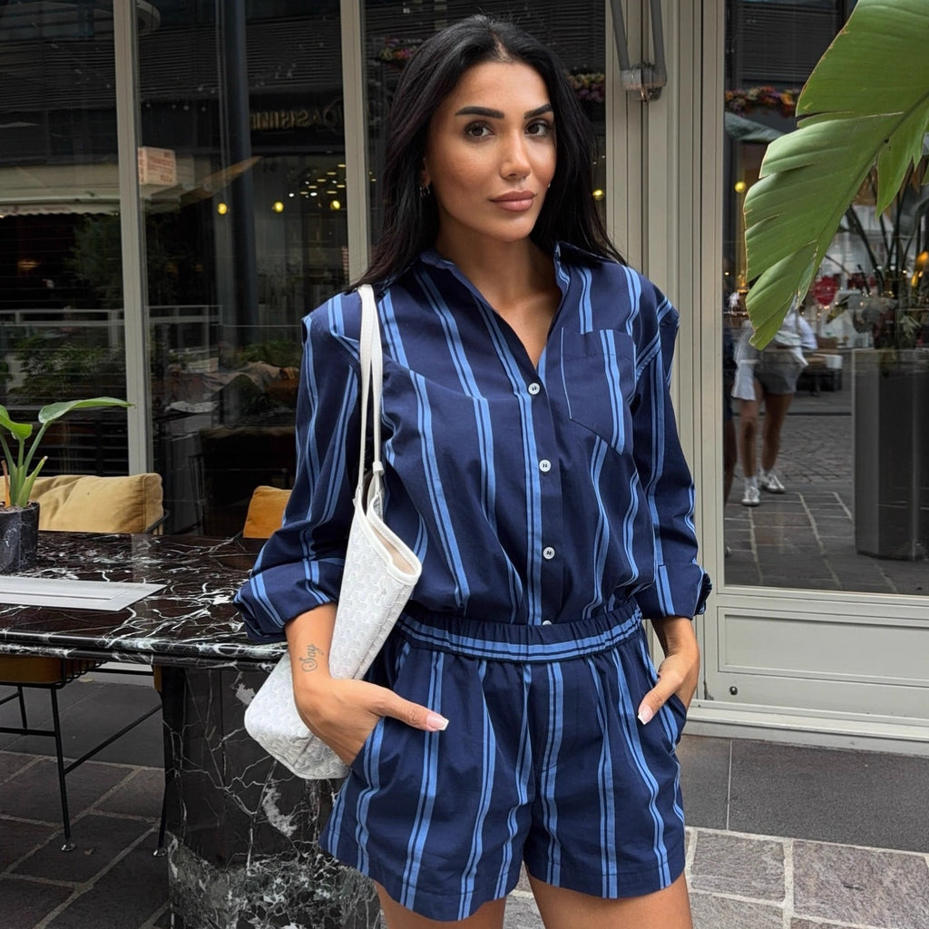 Cross-border European and American suits women's long-sleeved lapel cardigan shirt shorts  new women's clothing foreign style striped two-piece set