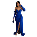 C6797 cross-border   fashion women's solid color pleated backless slit maxi dress