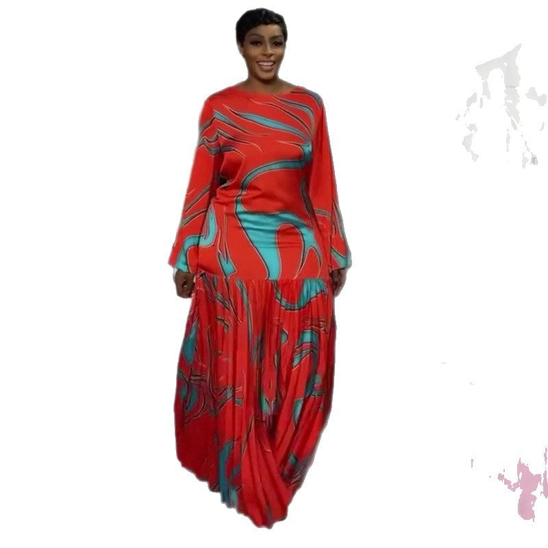 European and american cross-border women's spring  new arrival: elegant printed round neck backless slim-fit pleated maxi dress