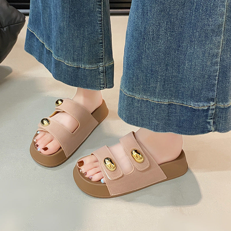 Summernew arrival round head gold bean buckle double strap fashioncasual style outwear women's slippers thick soleeasiest for matchpopular boken sandals