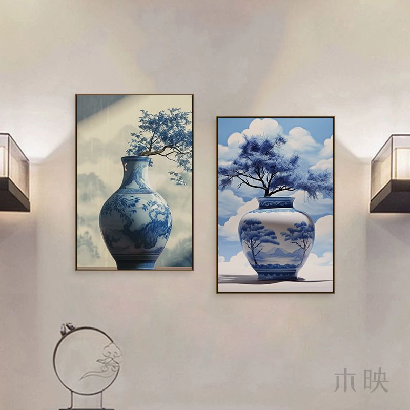 Blue and white porcelain decorative painting vase porcelain ceramic new Chinese style living room hanging painting hotel hotel restaurant box Chinese style